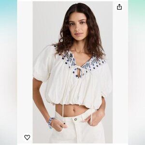 NEW Size XL Free‎ People FP Movement Women's Joni Embroidered Top White Blue